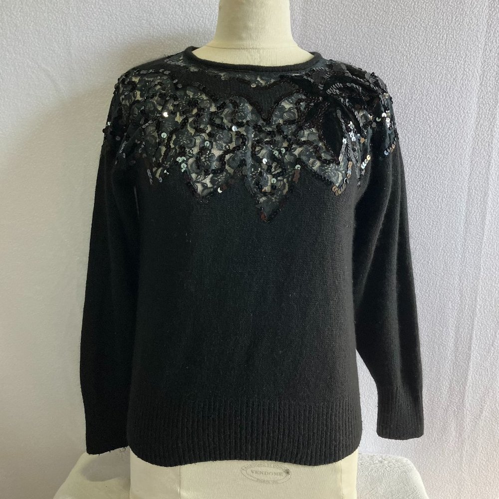 Vintage 1980s 1990s Black Beaded Pullover Sweater